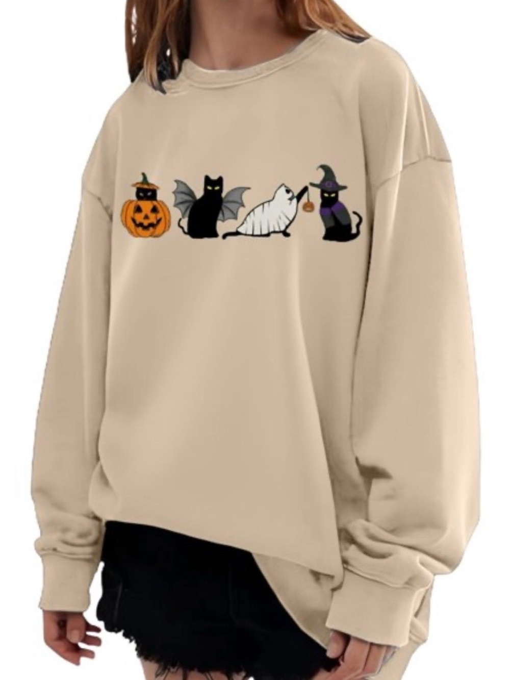 SHEIN Beige Halloween Cat Graphic Sweatshirt
